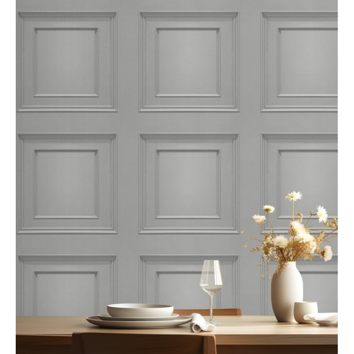 Papel pintado con efecto visual de casetones de madera color gris sin relieve - Hampton Frame 683612