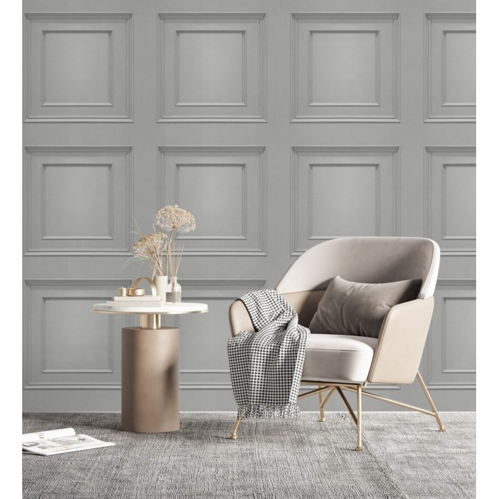 Papel pintado con efecto visual de casetones de madera color gris sin relieve - Hampton Frame 683612