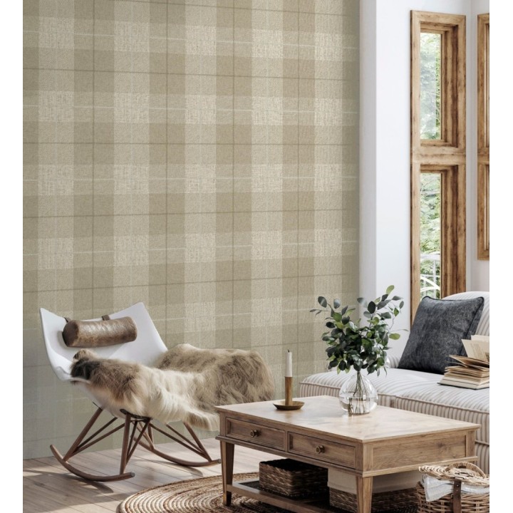 Papel pintado de cuadros escoceses efecto tela tartán color beige - Smith Tartan 126302