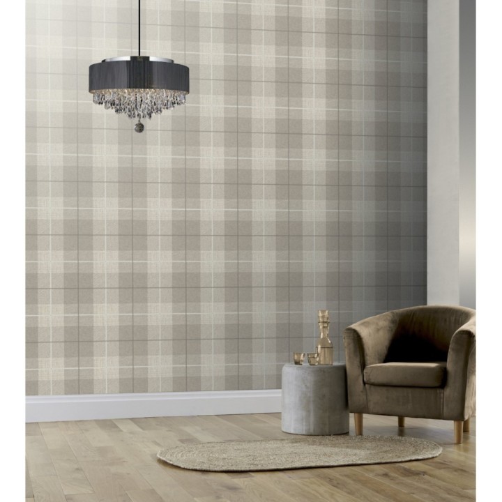Papel pintado de cuadros escoceses efecto tela tartán color beige - Smith Tartan 126302