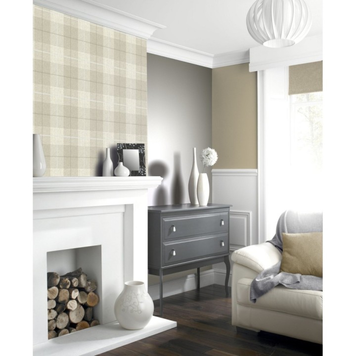Papel pintado de cuadros escoceses efecto tela tartán color beige - Smith Tartan 126302