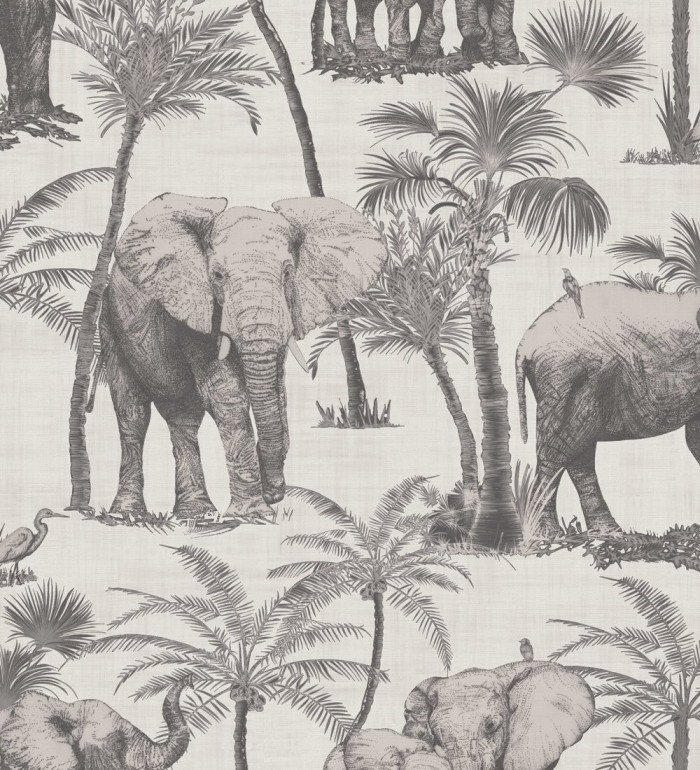 Papel pintado de elefantes y palmeras tonos grises - Burundi Animals 126303