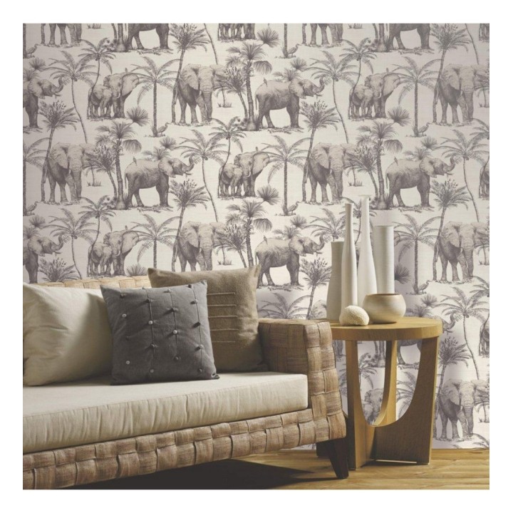 Papel pintado de elefantes y palmeras tonos grises - Burundi Animals 126303