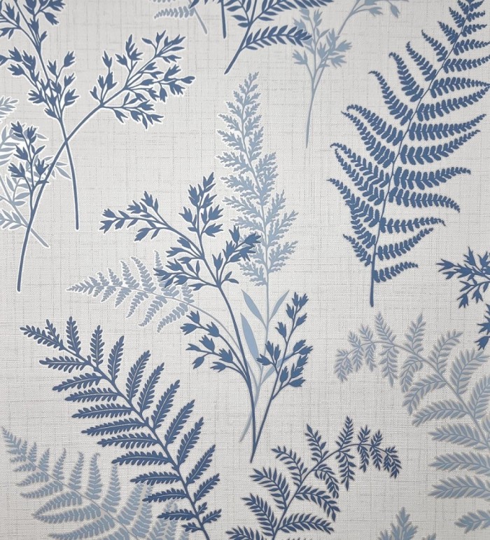 Papel pintado de ramas y hojas color azul con perfilados nacarados - Oslo Sylvan 683630