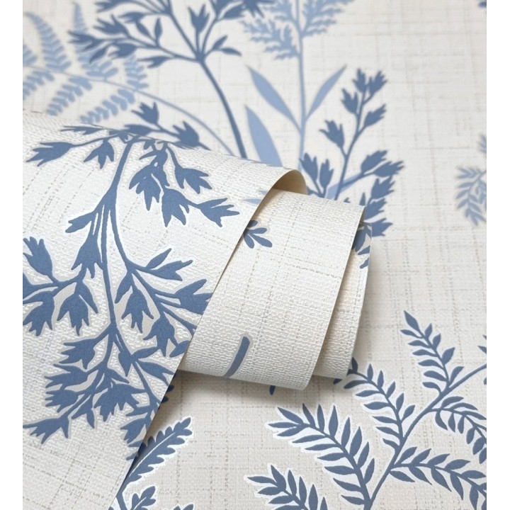 Papel pintado de ramas y hojas color azul con perfilados nacarados - Oslo Sylvan 683630