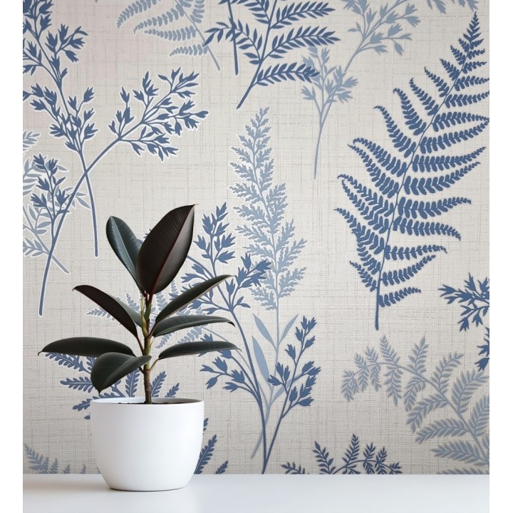 Papel pintado de ramas y hojas color azul con perfilados nacarados - Oslo Sylvan 683630
