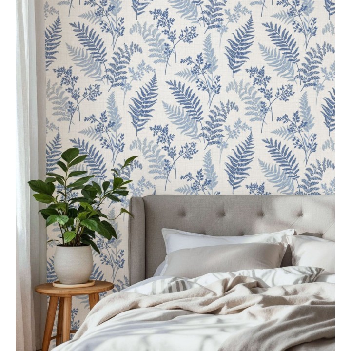 Papel pintado de ramas y hojas color azul con perfilados nacarados - Oslo Sylvan 683630