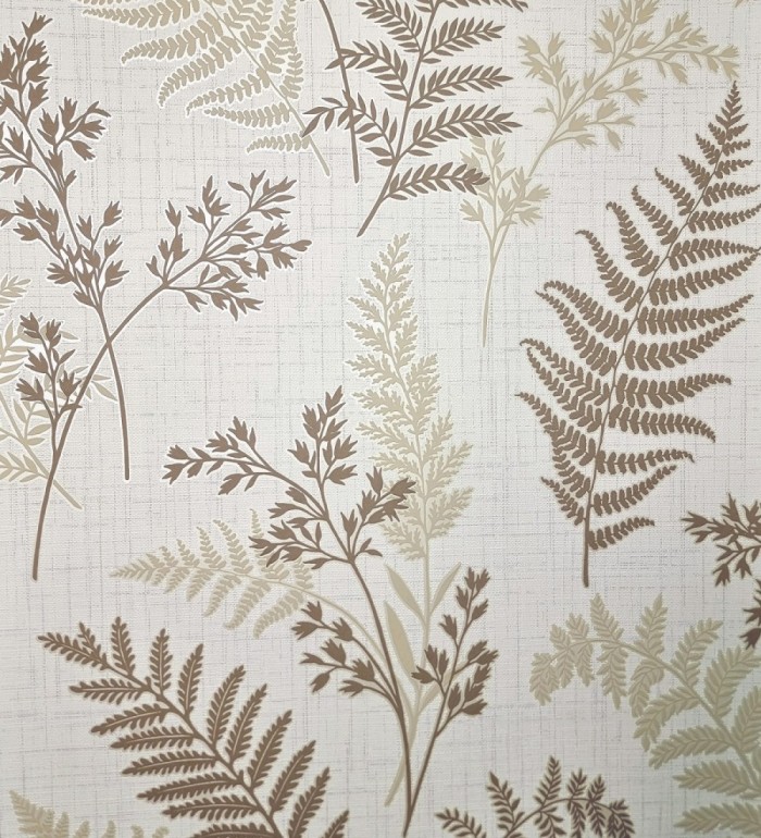 Papel pintado de ramas y hojas color marrón y beige con perfilados nacarados - Oslo Sylvan 683631