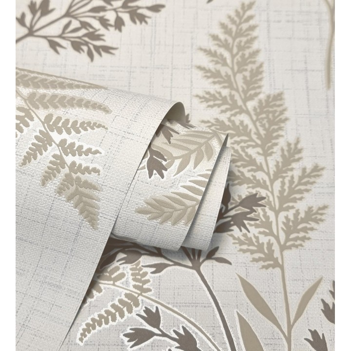 Papel pintado de ramas y hojas color marrón y beige con perfilados nacarados - Oslo Sylvan 683631