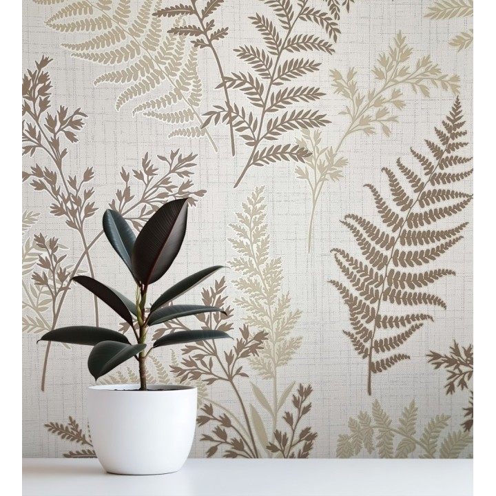 Papel pintado de ramas y hojas color marrón y beige con perfilados nacarados - Oslo Sylvan 683631