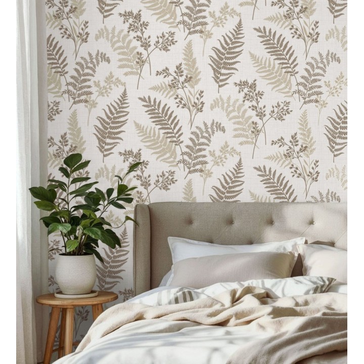 Papel pintado de ramas y hojas color marrón y beige con perfilados nacarados - Oslo Sylvan 683631