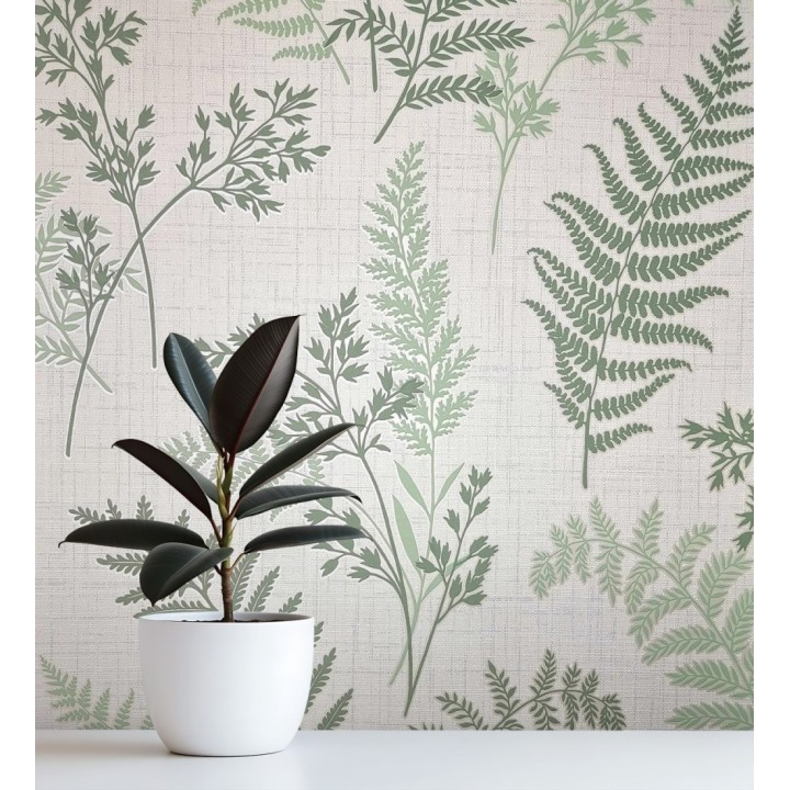 Papel pintado de ramas y hojas color verde con perfilados nacarados - Oslo Sylvan 683632