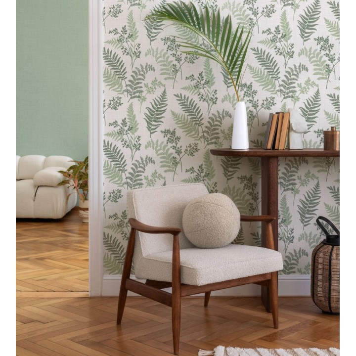 Papel pintado de ramas y hojas color verde con perfilados nacarados - Oslo Sylvan 683632