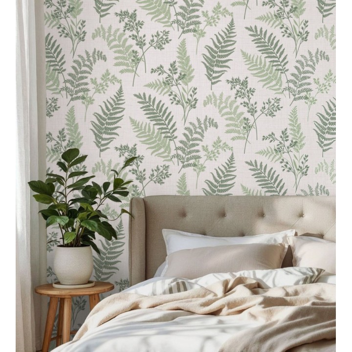 Papel pintado de ramas y hojas color verde con perfilados nacarados - Oslo Sylvan 683632