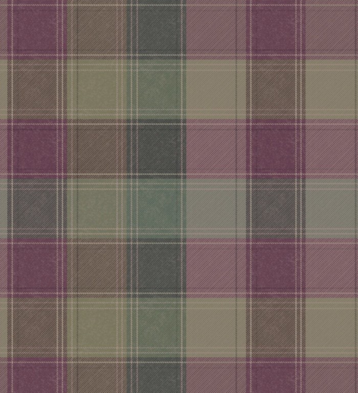 Papel pintado de cuadros escoceses efecto tela tartán tonos grises verdes y berenjena - Roslin Tartan 126310