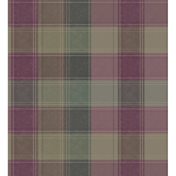 Papel pintado de cuadros escoceses efecto tela tartán tonos grises verdes y berenjena - Roslin Tartan 126310