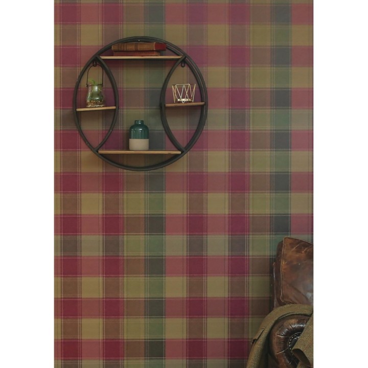 Papel pintado de cuadros escoceses efecto tela tartán tonos grises verdes y berenjena - Roslin Tartan 126310