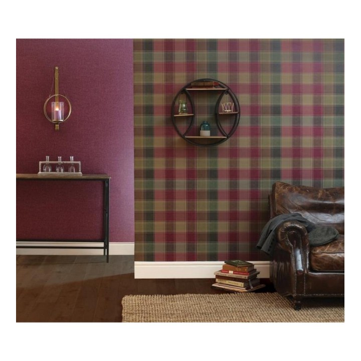 Papel pintado de cuadros escoceses efecto tela tartán tonos grises verdes y berenjena - Roslin Tartan 126310