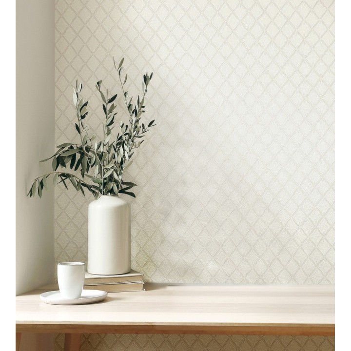 Papel pintado de rombos de capitone bordados en relieve tonos blanco roto - Kensington Quilted 683649
