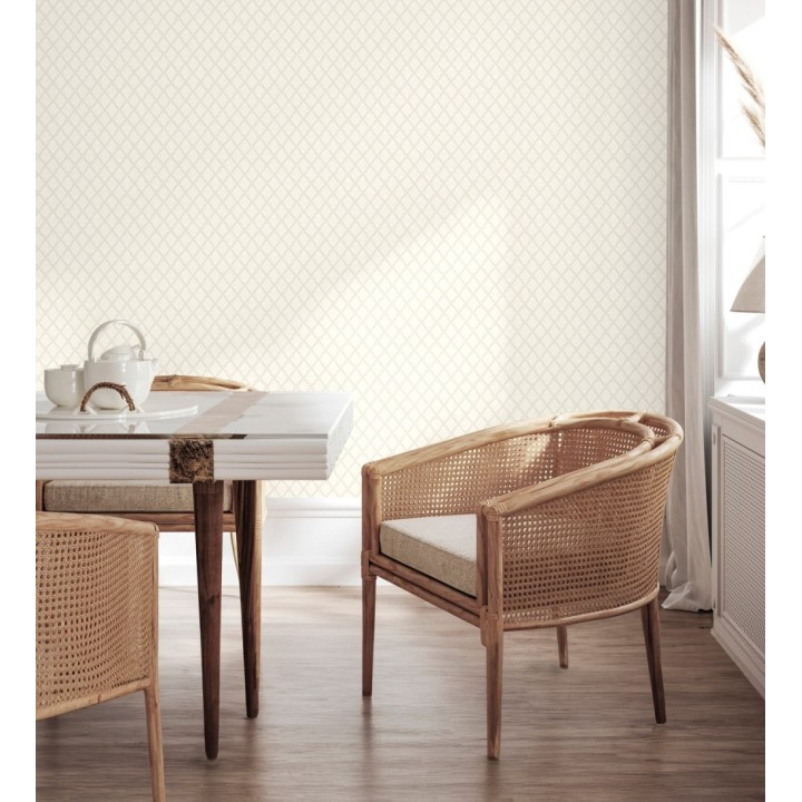 Papel pintado de rombos de capitone bordados en relieve tonos blanco roto - Kensington Quilted 683649