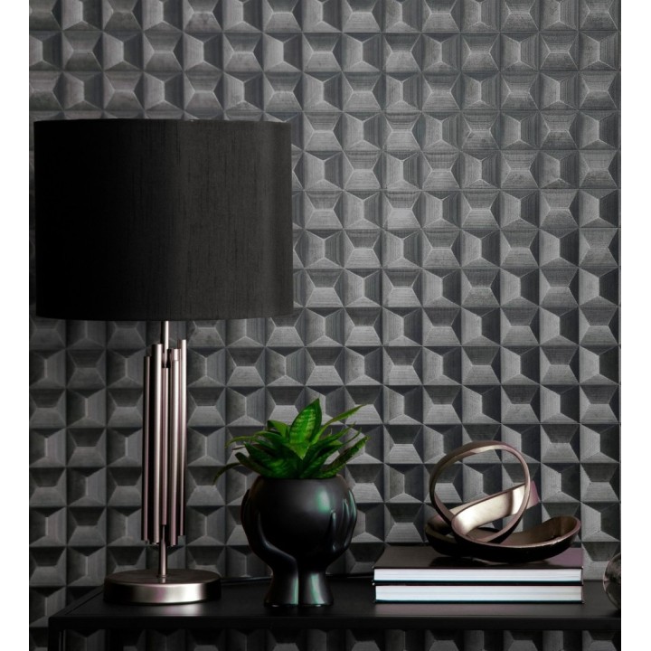 Papel pintado de cubos 3 d con textura acero cepillado color negro - Barret Dimension 683651