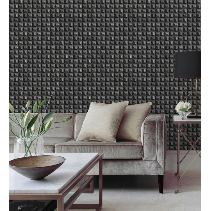Papel pintado de cubos 3 d con textura acero cepillado color negro - Barret Dimension 683651