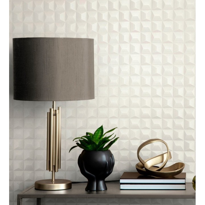 Papel pintado de cubos 3 d con textura acero cepillado color blanco roto - Barret Dimension 683652