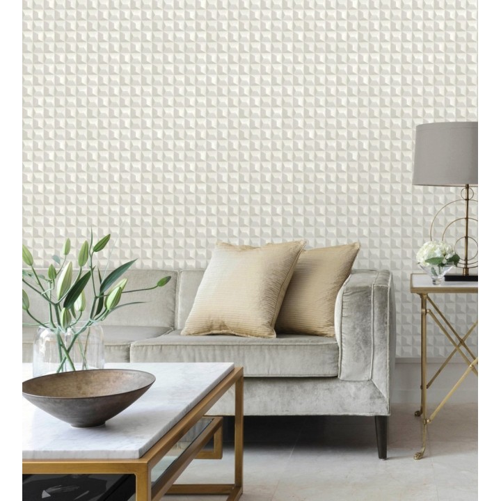 Papel pintado de cubos 3 d con textura acero cepillado color blanco roto - Barret Dimension 683652