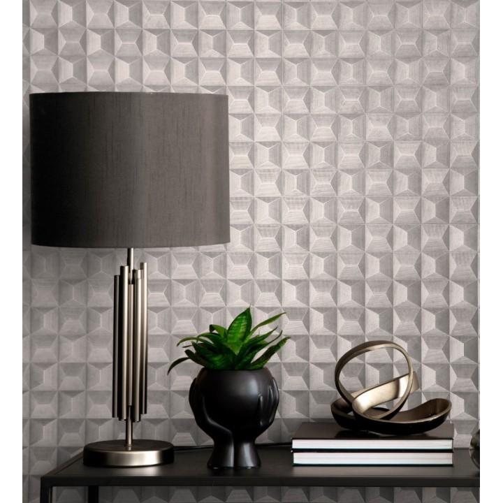 Papel pintado de cubos 3 d con textura acero cepillado color gris visón - Barret Dimension 683653