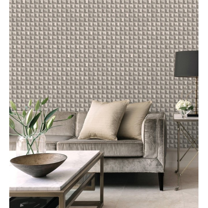 Papel pintado de cubos 3 d con textura acero cepillado color gris visón - Barret Dimension 683653