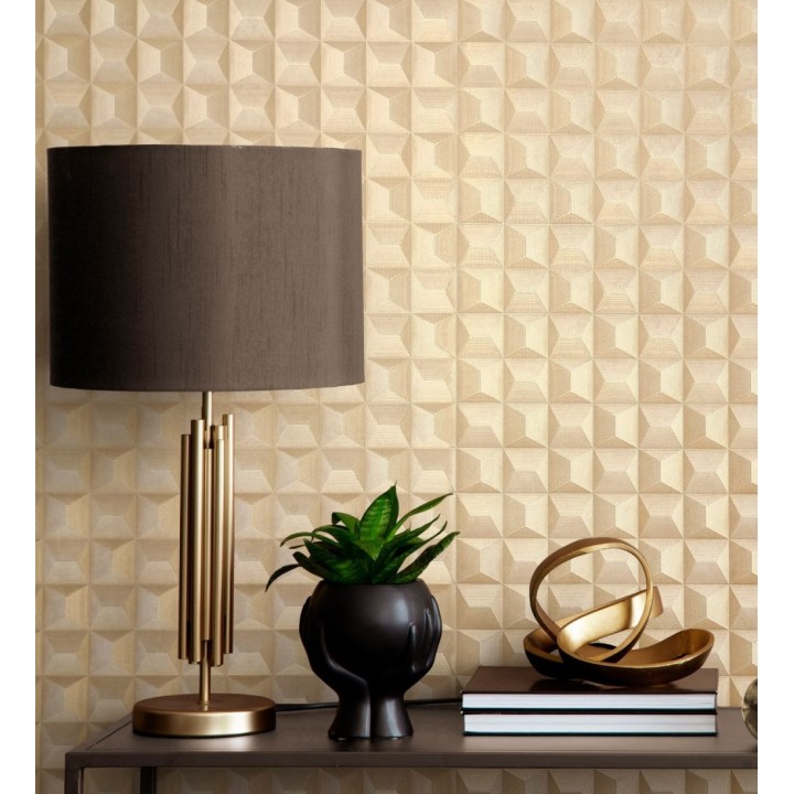 Papel pintado de cubos 3 d con textura acero cepillado color dorado - Barret Dimension 683654