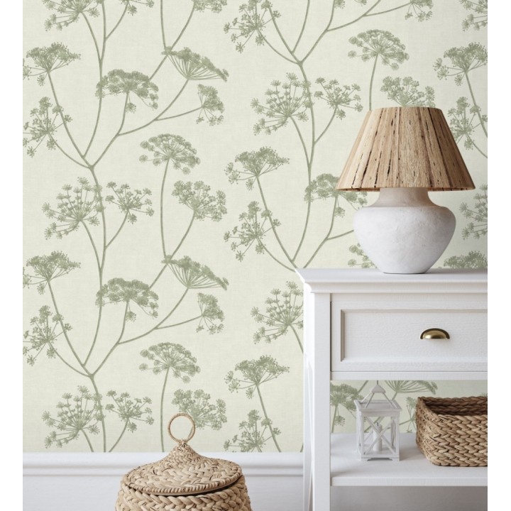 Papel pintado de hojas verdes con fondo textil en relieve - Marlow Wildflower 683655