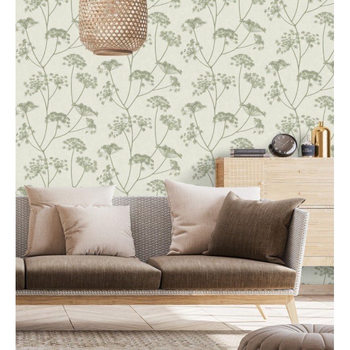 Papel pintado de hojas verdes con fondo textil en relieve - Marlow Wildflower 683655