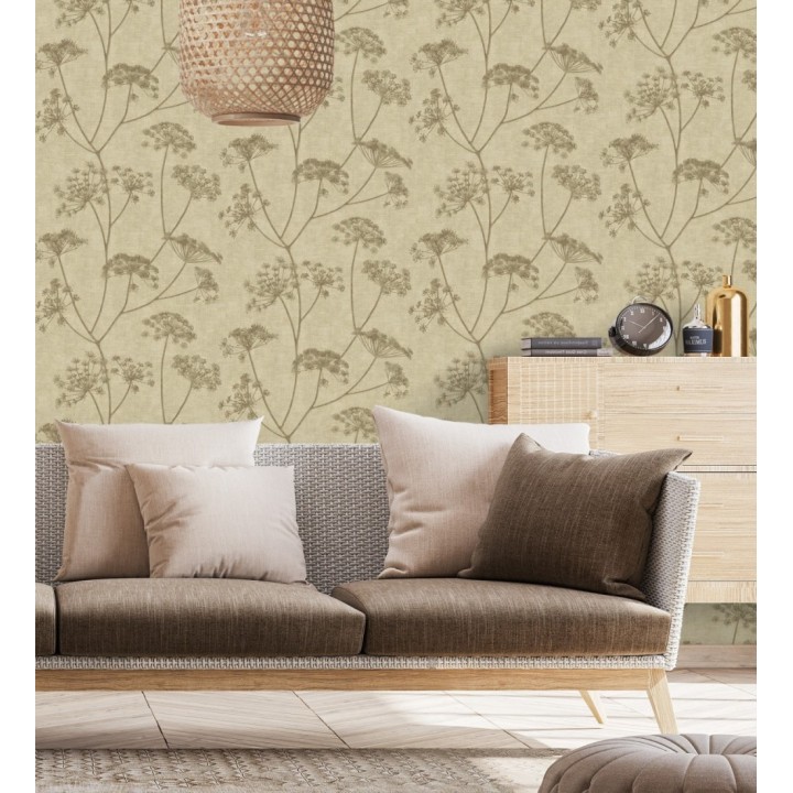 Papel pintado de hojas marrón con fondo textil en relieve - Marlow Wildflower 683656