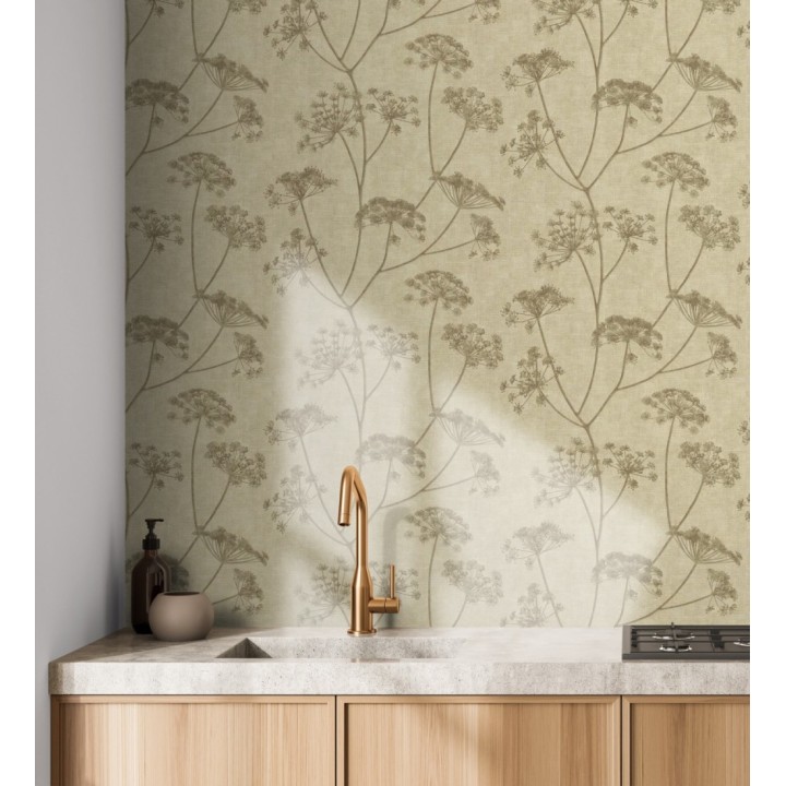 Papel pintado de hojas marrón con fondo textil en relieve - Marlow Wildflower 683656