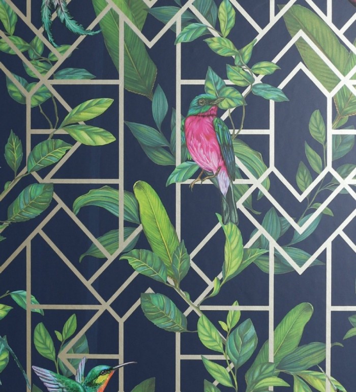 Papel pintado loros y hojas sobre celosía estilo tropical - Jungle Mirror 126316