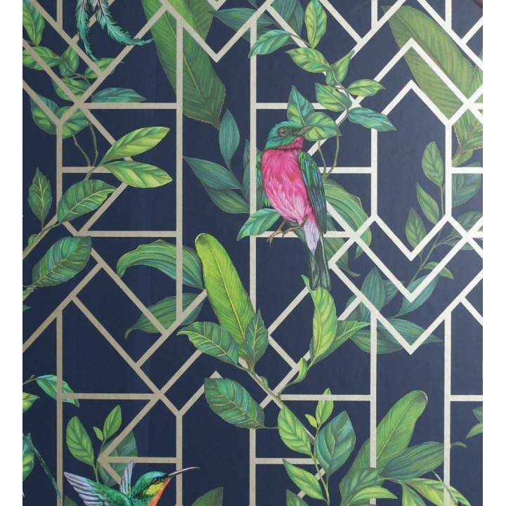 Papel pintado loros y hojas sobre celosía estilo tropical - Jungle Mirror 126316