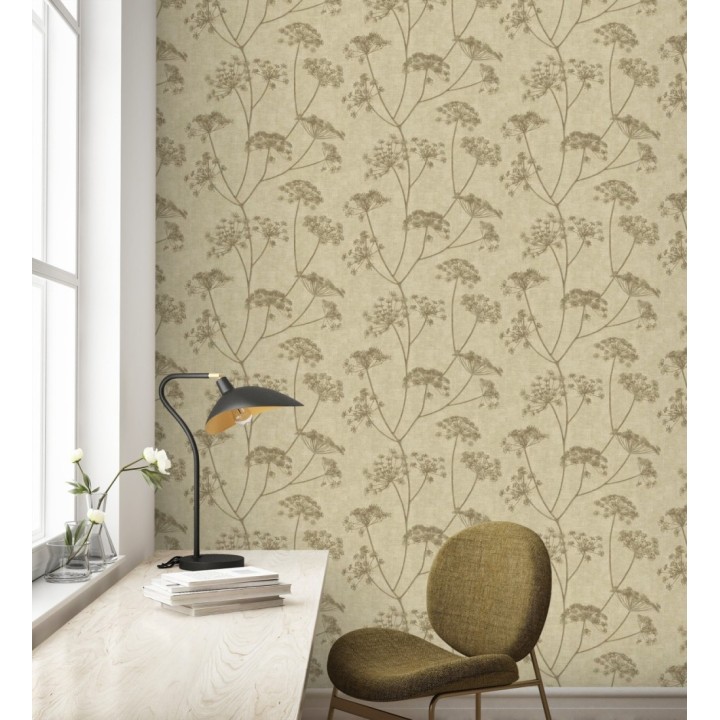 Papel pintado de hojas marrón con fondo textil en relieve - Marlow Wildflower 683656