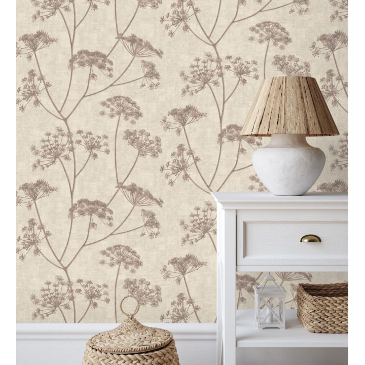 Papel pintado de hojas tono berenjena con fondo textil en relieve - Marlow Wildflower 683657