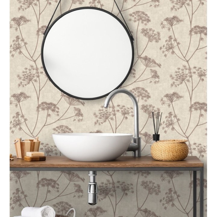 Papel pintado de hojas tono berenjena con fondo textil en relieve - Marlow Wildflower 683657
