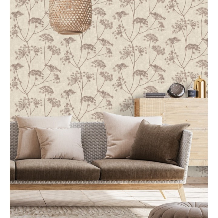 Papel pintado de hojas tono berenjena con fondo textil en relieve - Marlow Wildflower 683657