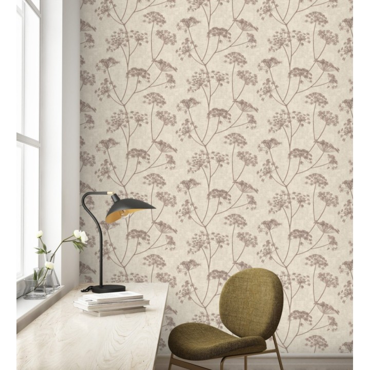 Papel pintado de hojas tono berenjena con fondo textil en relieve - Marlow Wildflower 683657