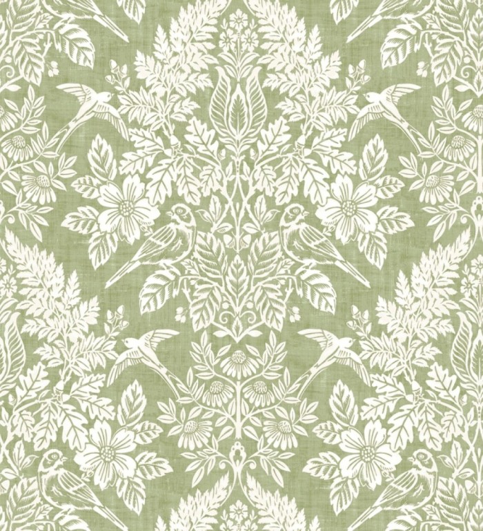 Papel pintado damasco artístico con flores y pájaros fondo verde - Charlotte Heritage 683659