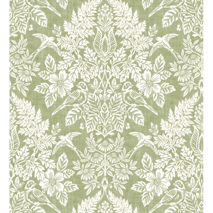 Papel pintado damasco artístico con flores y pájaros fondo verde - Charlotte Heritage 683659