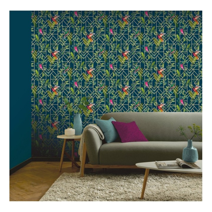 Papel pintado loros y hojas sobre celosía estilo tropical - Jungle Mirror 126316