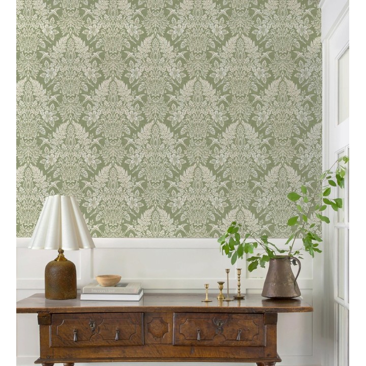 Papel pintado damasco artístico con flores y pájaros fondo verde - Charlotte Heritage 683659