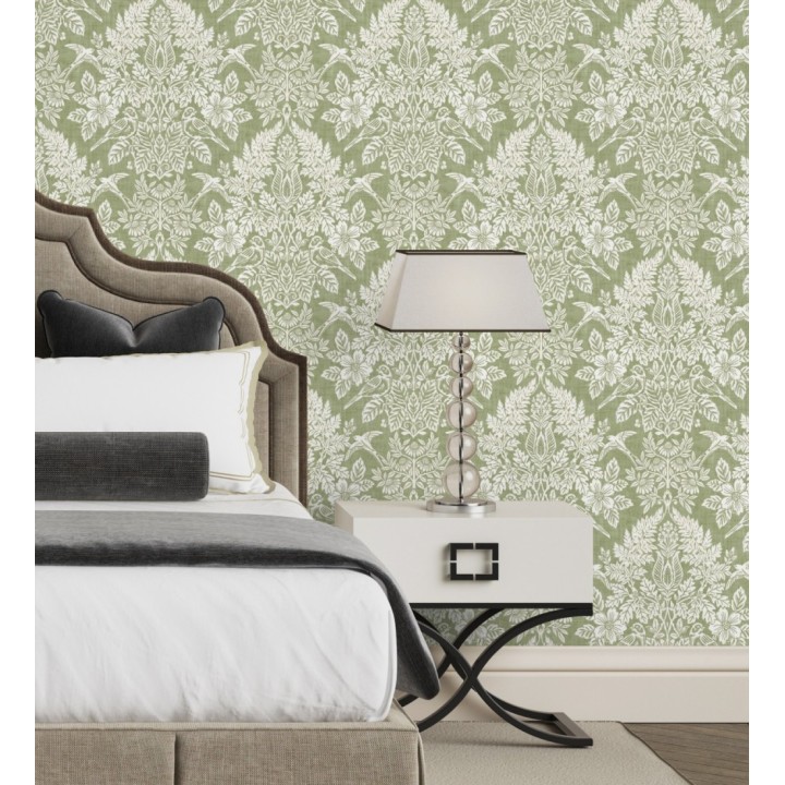 Papel pintado damasco artístico con flores y pájaros fondo verde - Charlotte Heritage 683659