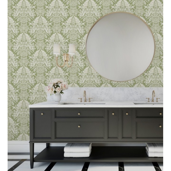 Papel pintado damasco artístico con flores y pájaros fondo verde - Charlotte Heritage 683659