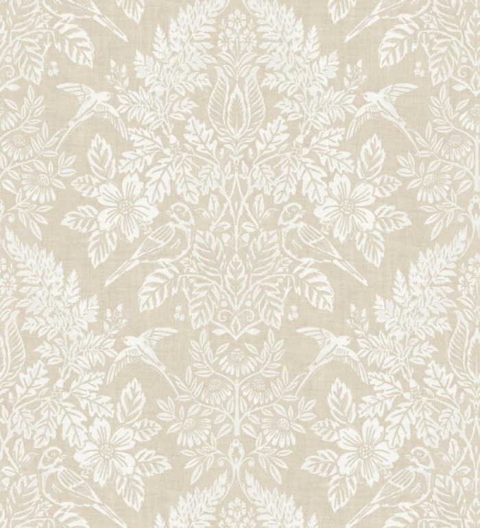 Papel pintado damasco artístico con flores y pájaros fondo beige - Charlotte Heritage 683660
