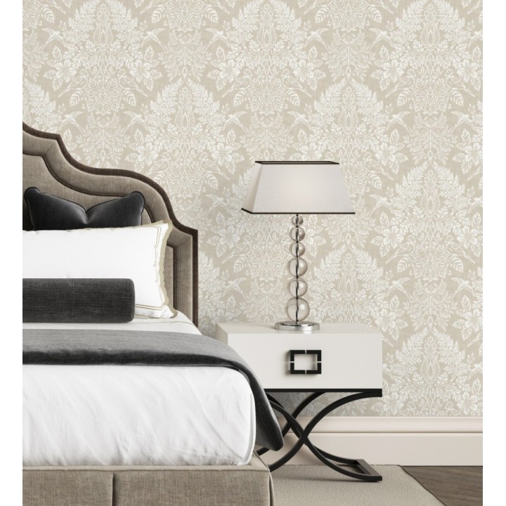 Papel pintado damasco artístico con flores y pájaros fondo beige - Charlotte Heritage 683660